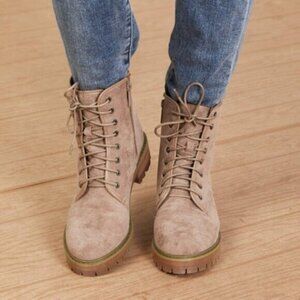 "Best of Luck" Khaki Combat Lace-up Suedette Booties